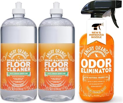 ANGRY ORANGE Pet Odor and Floor Cleaning Set Citrus Mint Floor Cleaner 32 oz, 2 Pack + Citrus Odor Eliminator for Dog and Cat Urine and Stains 24 oz