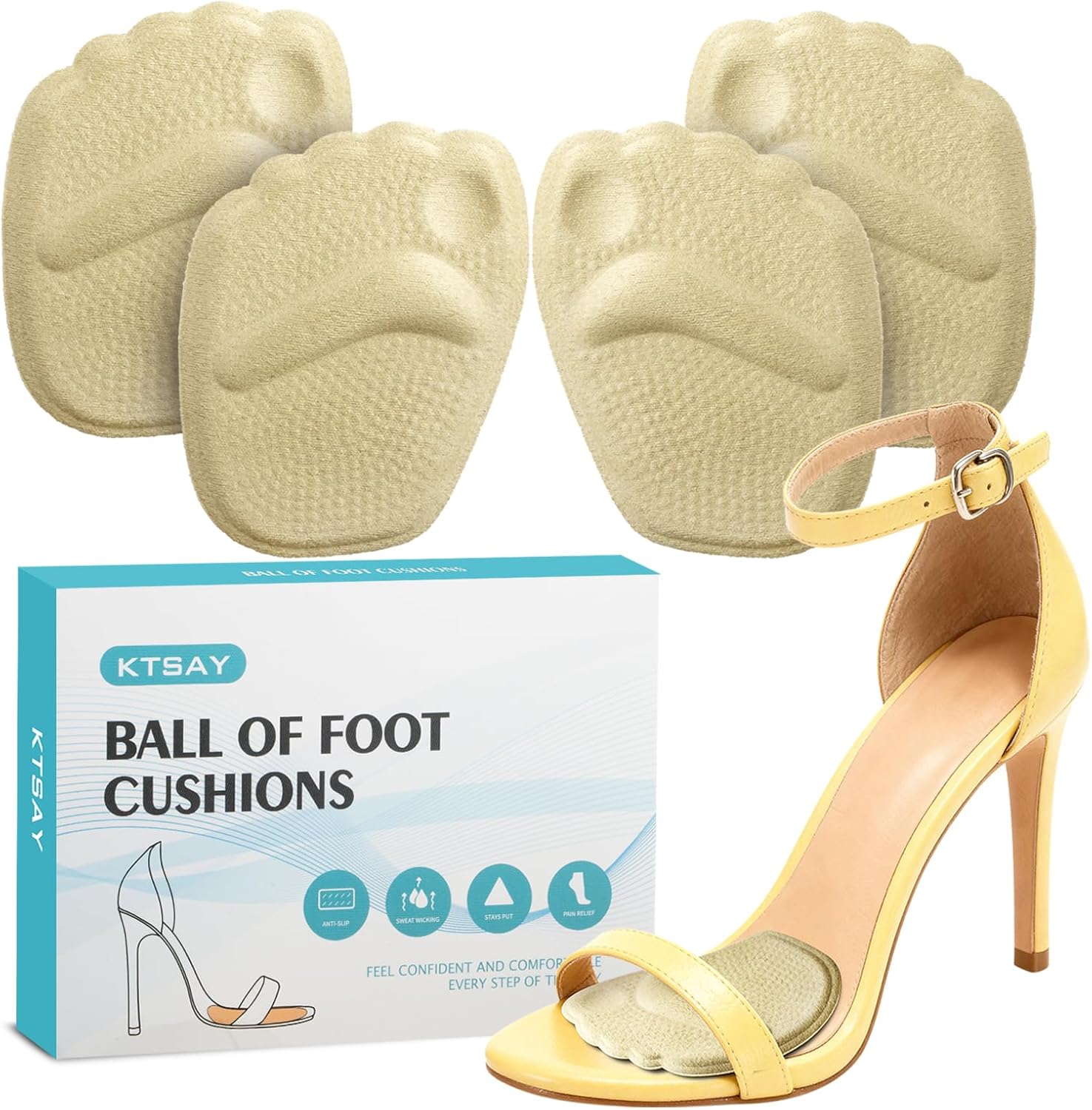Metatarsal Pads Women, Gel Ball of Foot Cushions for Pain Relief in Shoes, Non-Slip Heel Inserts, One Size Fits All (2 Pair, Beige)