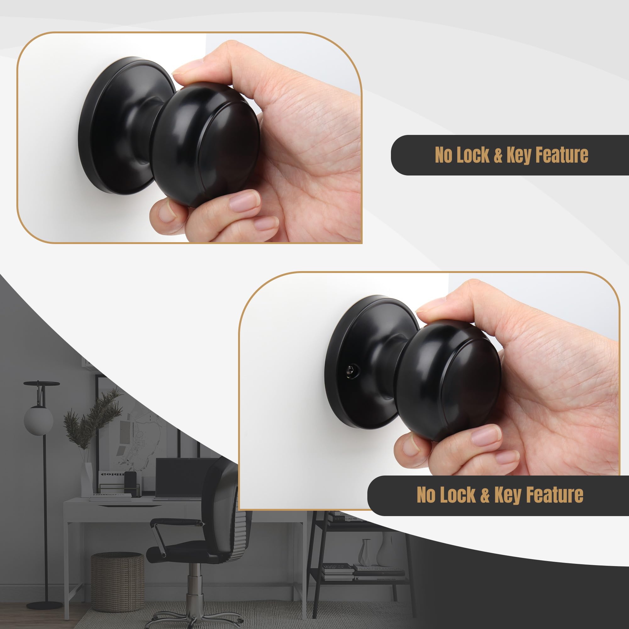 Matte Black Passage Door Knob - No Key Required -4