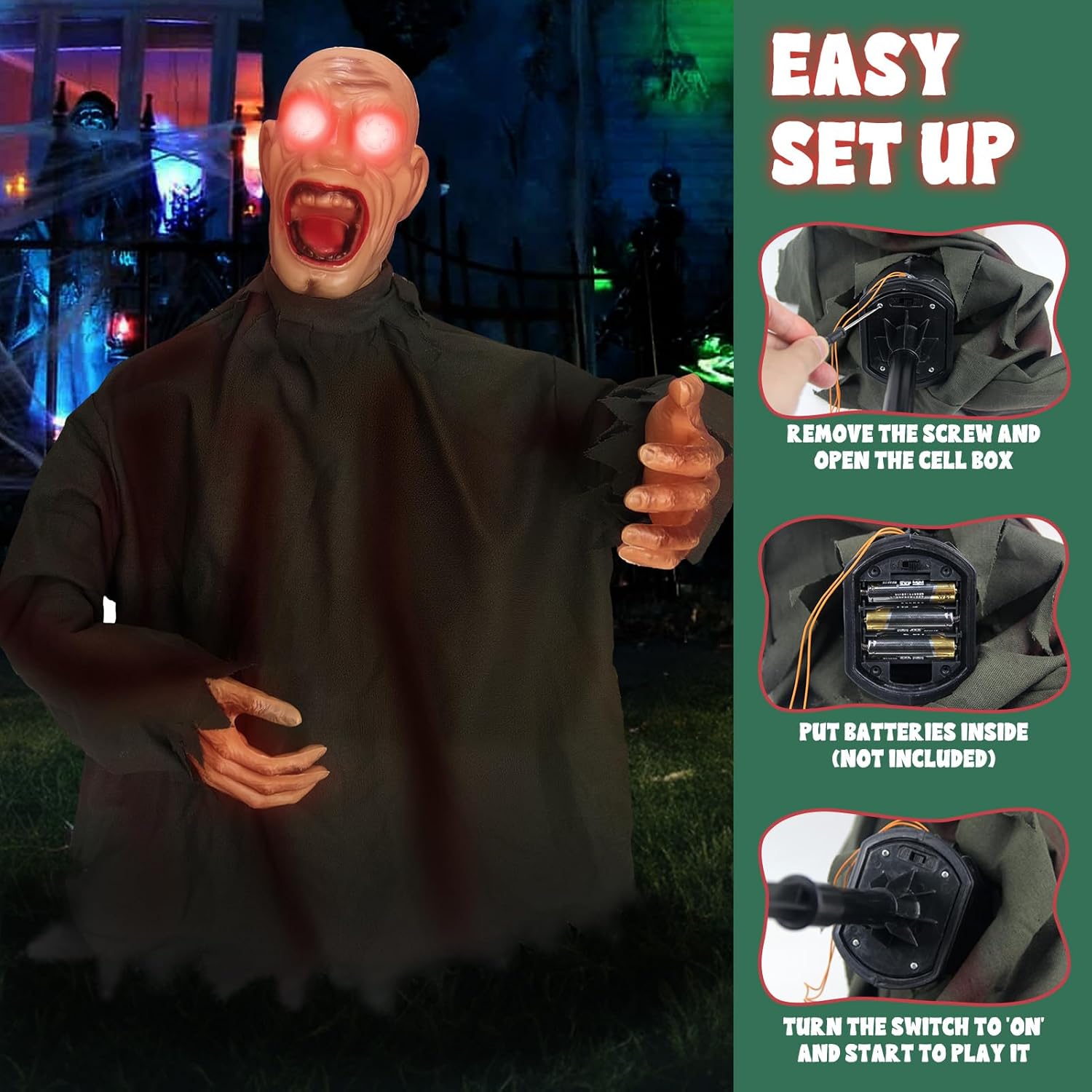 Evoio Animated Halloween Decorations Outdoor Scary Groundbreaker Zombie Props with LED Eye, Swing Body and Creepy Sound, Animatronic Props for Lawn Yard Graveyard Haunted House Outside Halloween Decor