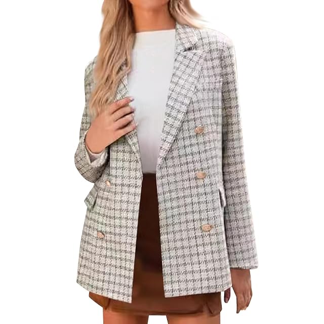 Womens Plaid Tweed Blazers Fashion Casual Open Houndstooth Plaid Jacket Double Breasted Casual Work Office Blazer