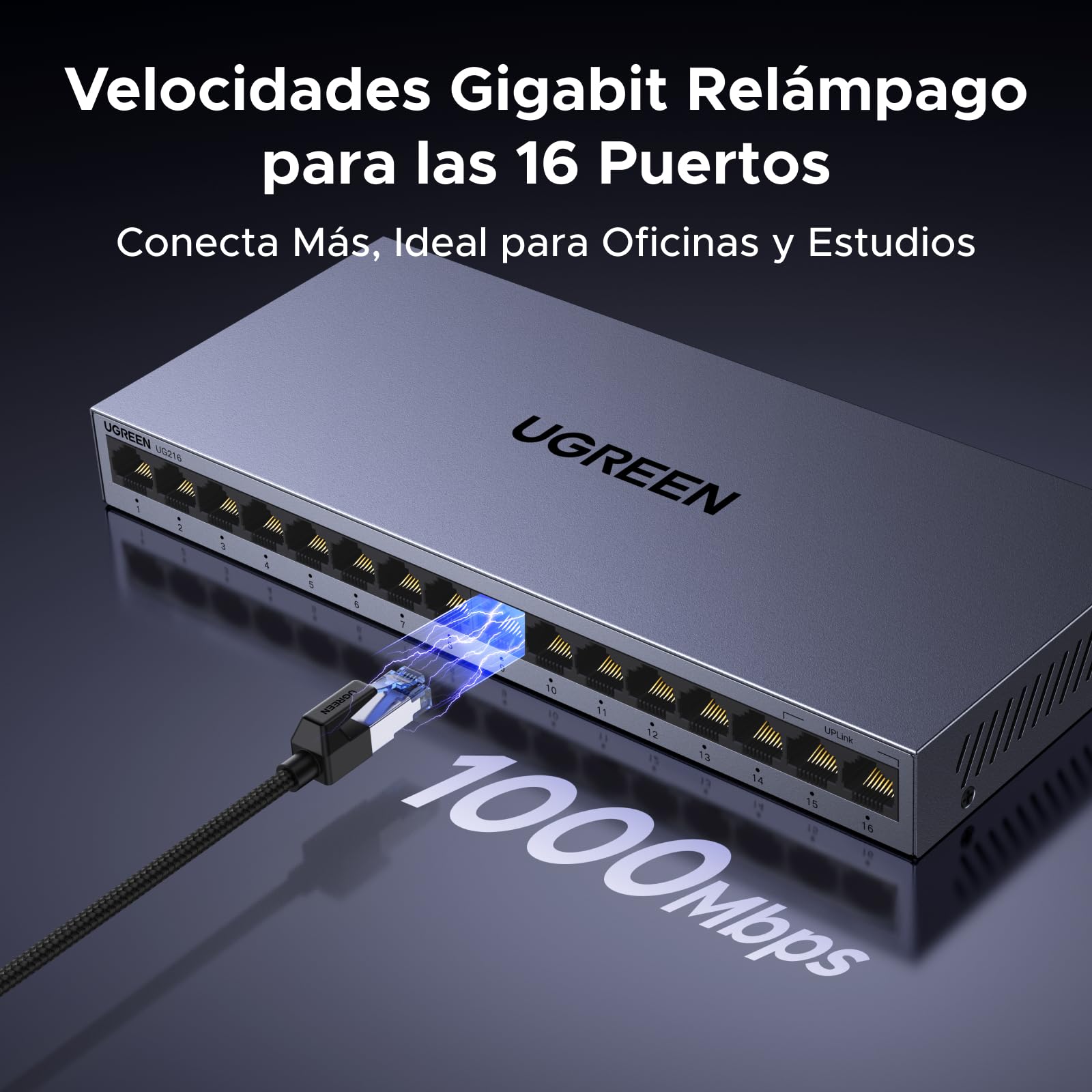 UGREEN Switch Gigabit 16 Puertos Velocidad Automática de 10/100/1000 Mbps | No Gestionado RJ45 Plug and Play VLAN Carcasa Metálica Conmutador Ethernet para TV Laptop Switch Router Monitor