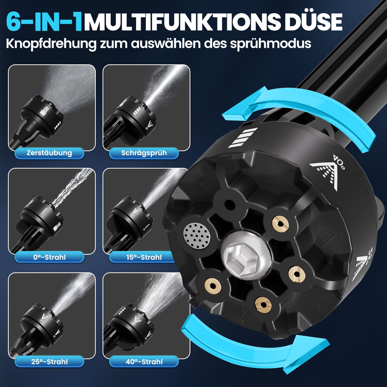 Akku Hochdruckreiniger 21V(160Bar) Kompatibel mit Makita Akku,Bürstenloser Motor 294 L/H Druckreiniger mit 2x4Ah Akku, 6-in-1 & 180° Drehbare Düse,5M Schlauch für Autos/Gärten/Terassen