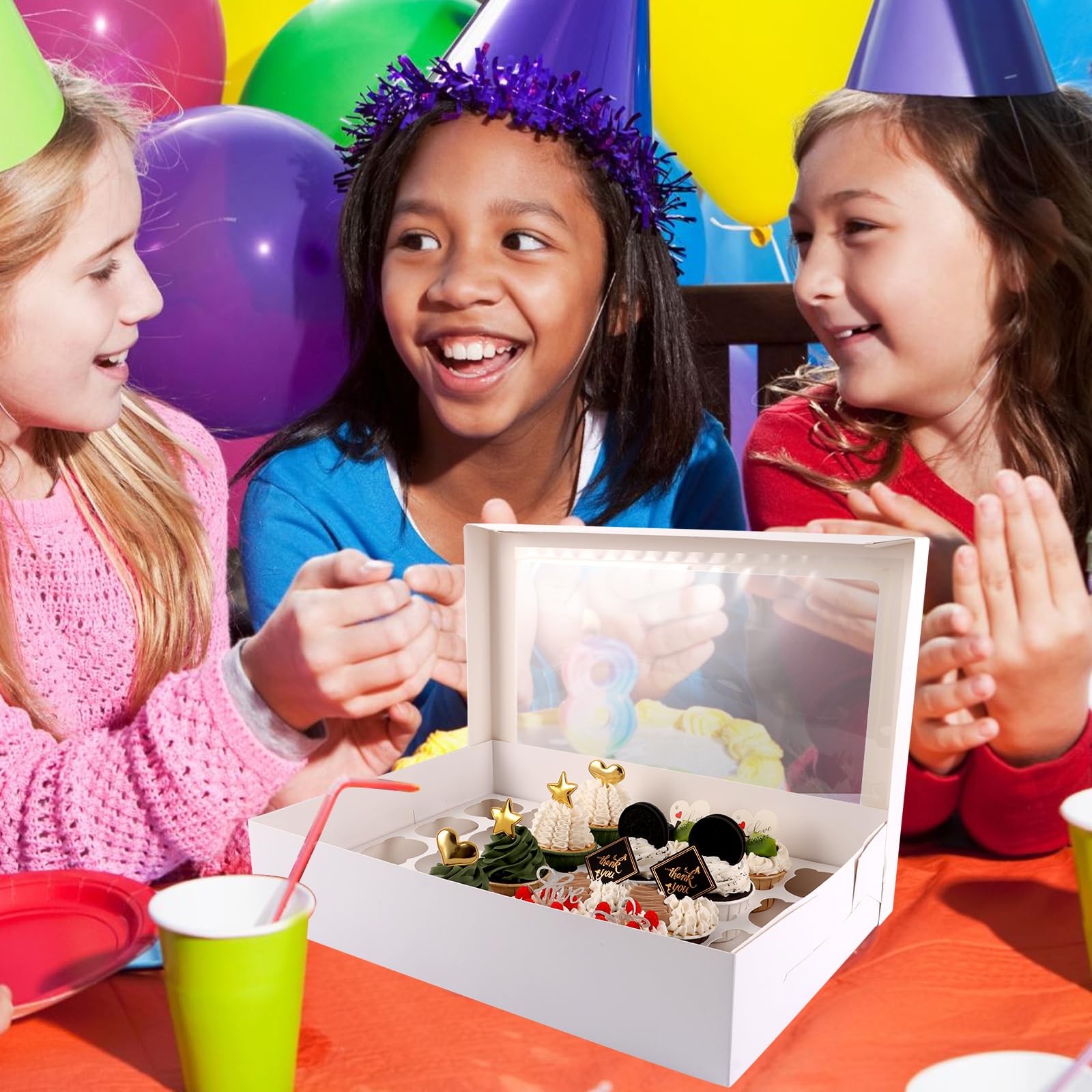 Paquete de 10 cajas para cupcakes, 24 recipientes desechables para cupcakes, 24 unidades con ventana, soporte blanco para cupcakes y pasteles