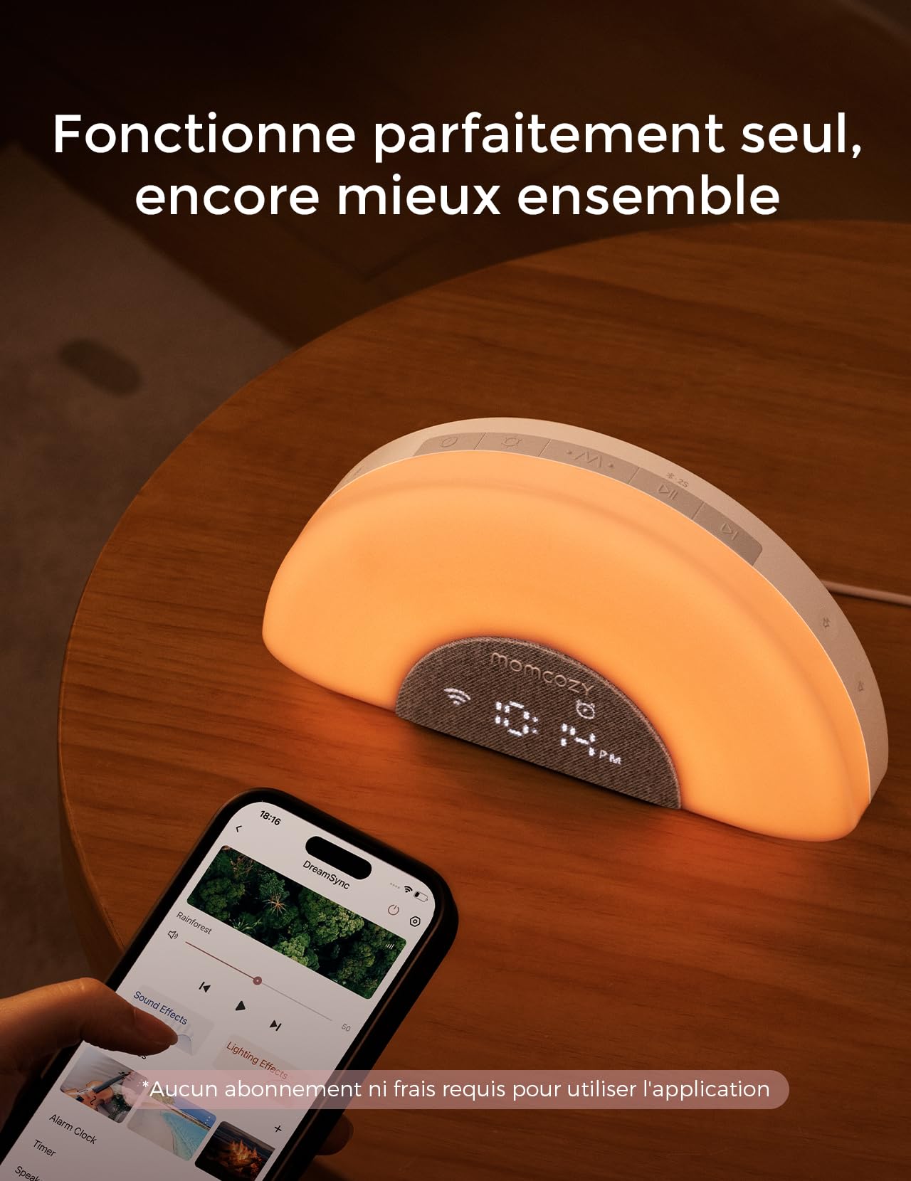 Momcozy DreamSync Tech™ Machine à Sons Bébé 34 Bruitages Apaisants, Veilleuse Connectée par App, Programmeur de Sommeil avec Alarme Levé de Soleil et Haut-parleur Sans Fil