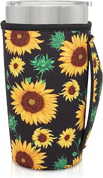 Neoprene Insulated Sleeves Cup Holder with Handle for 20oz Tumbler Cups, Reusable Iced Coffee Sleeve For 30oz - 32oz coffee cupsBlack Sunflower