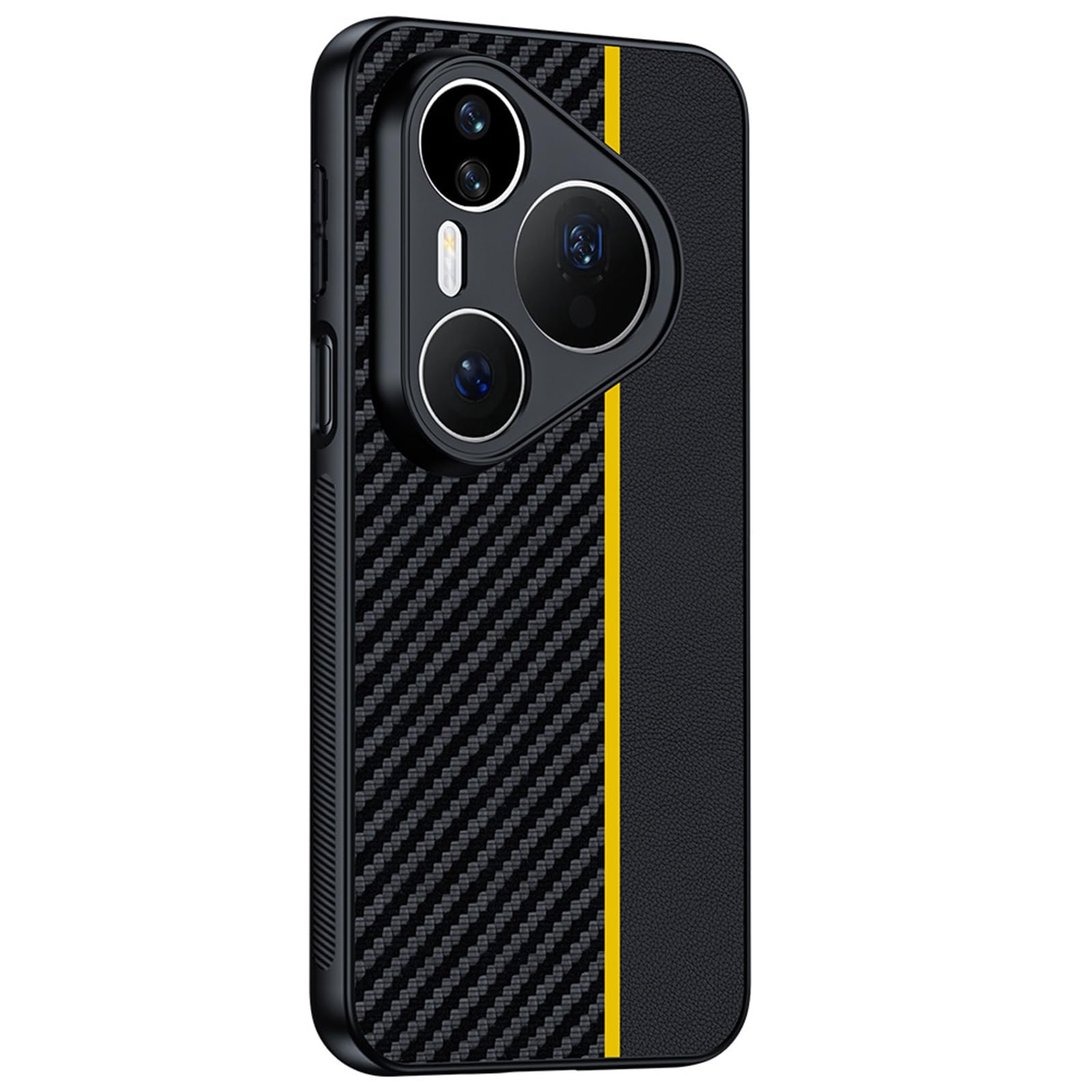 MFAOSHI Slim Case for Huawei Pura 90 Pro Max/90 Pro/90, Carbon Fiber Pattern Splicing Leather Cover All-inclusive Lens Protection Case,Yellow,90