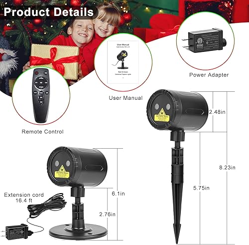 Miniatura 8 de Proyector de luces láser de Navidad para exteriores, luces láser de Navidad rojas y verdes con 8 patrones dinámicos y control remoto, luces de