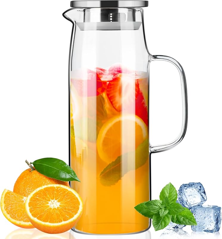 Glass Pitcher with Lid and Spout 50oz/ 1.5L, Hot/Cold Water Pitcher, Iced Tea Pitcher for the Shelf of Fridge, Easy to Clean, High Borosilicate Glass Pitcher for Lemonde, Juice and Milk | Borosilicate Glass Pitcher; Iced Tea Pitcher for Fridge; Easy-Clean Glass Juice Pitcher for Lemonade and Milk