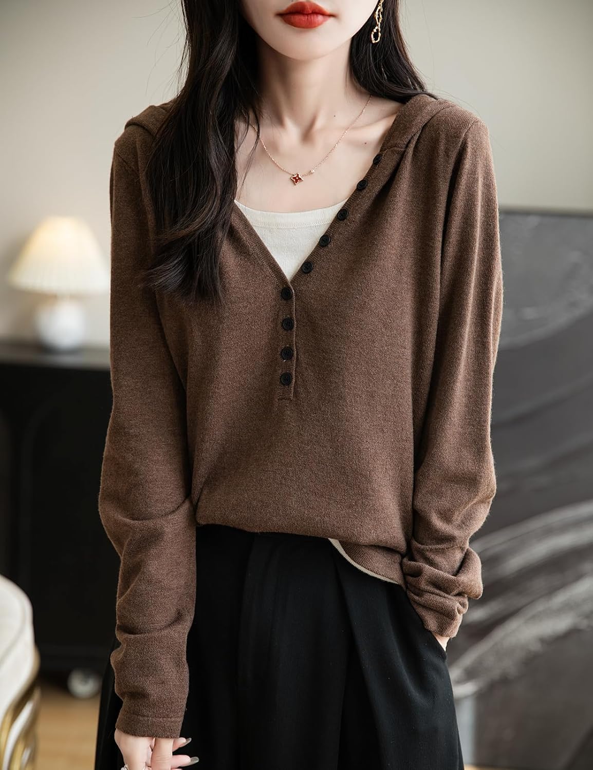 Women's Merino Wool Blend Hoodies 2025 Fall Winter Fake Two Piece Color Block Sweatshirt Long Sleeve Knit Sweater - Image 2