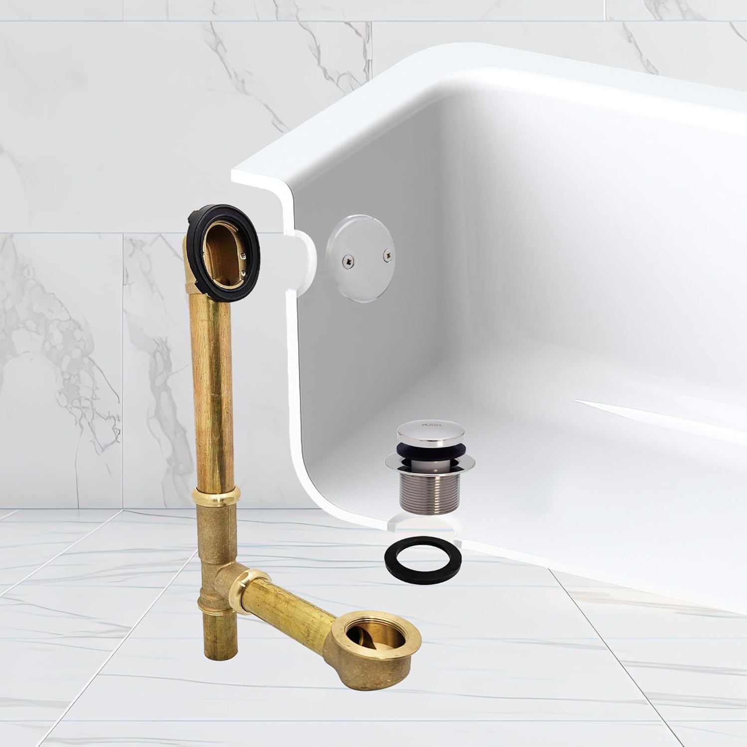 Westbrass 14" 17 Gauge Brass Tip-Toe Drain Bath Waste and Overflow with 2-Hole Faceplate, Polished Chrome, D325-26