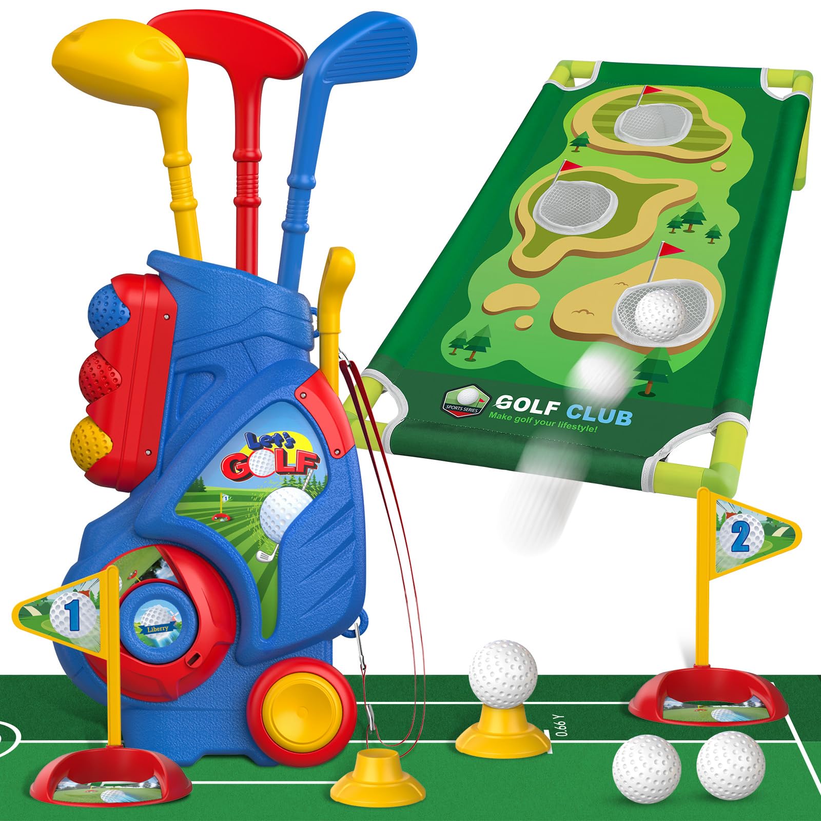 Photo 1 of Liberry Toddler Golf Set for 2 3 4 5 Years Old Boys Girls, Upgraded Kids Golf Cart with Golf Cornhole Board & Putting Mat, Indoor and Outdoor Golf Toys Birthday Gifts