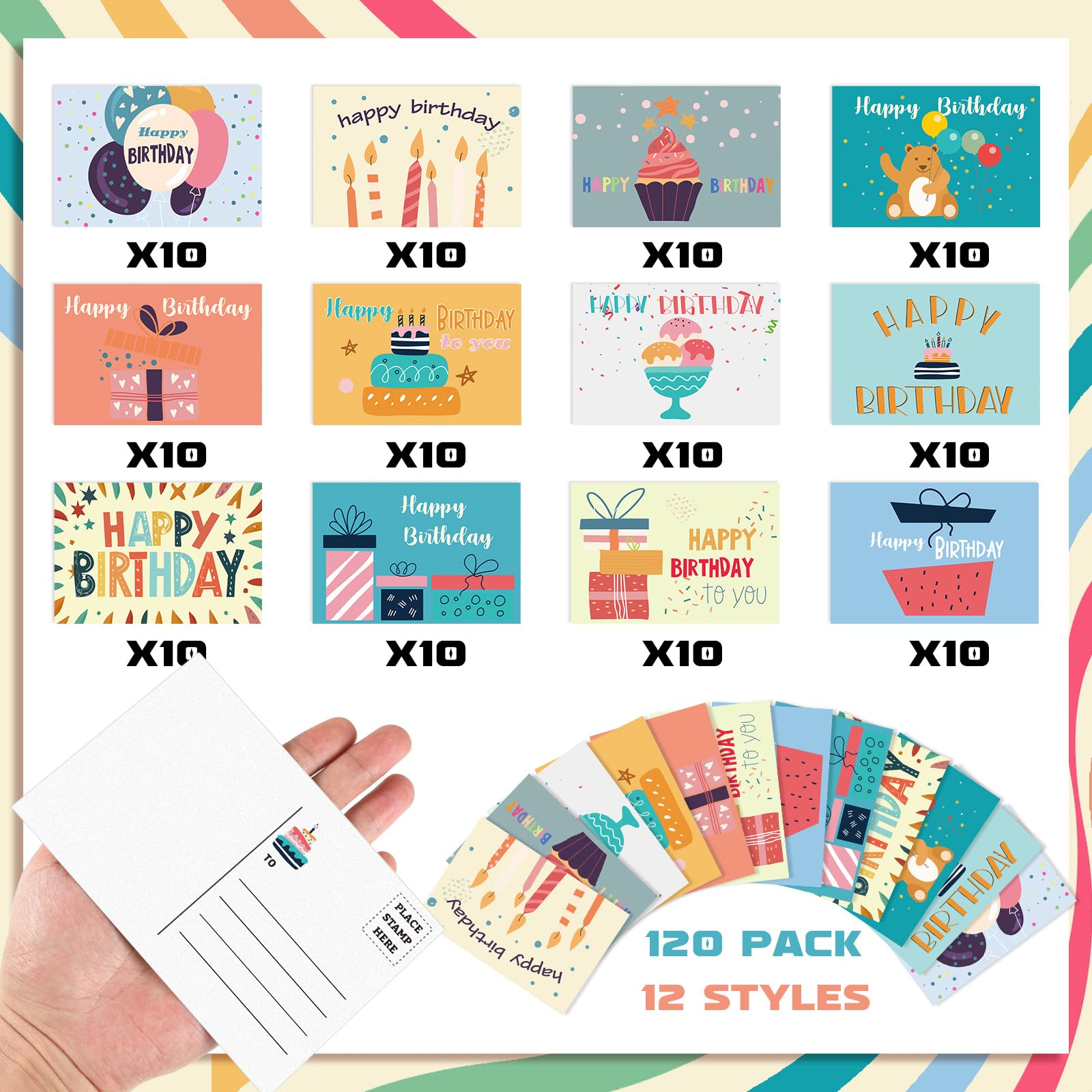Kosiz 120 tarjetas de cumpleaños para ti, postales de 4 x 6 pulgadas, tarjetas de felicitación surtidas en blanco, 12 estilos