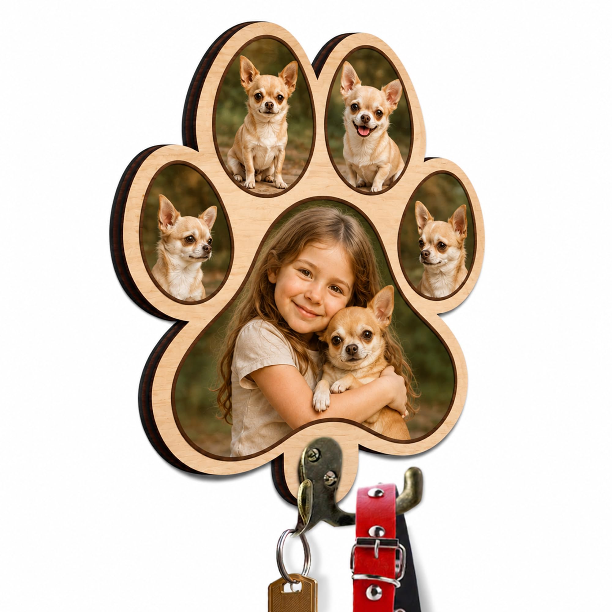 Personalized Paw Print Leash Holder for Wall Mount, Custom Wooden Dog Key Holder with Custom Photo, Pet Collar and Harness Organizer for Entryway, Key Hook Gift for Pet Lovers &amp; Dog Owners, Home Décor