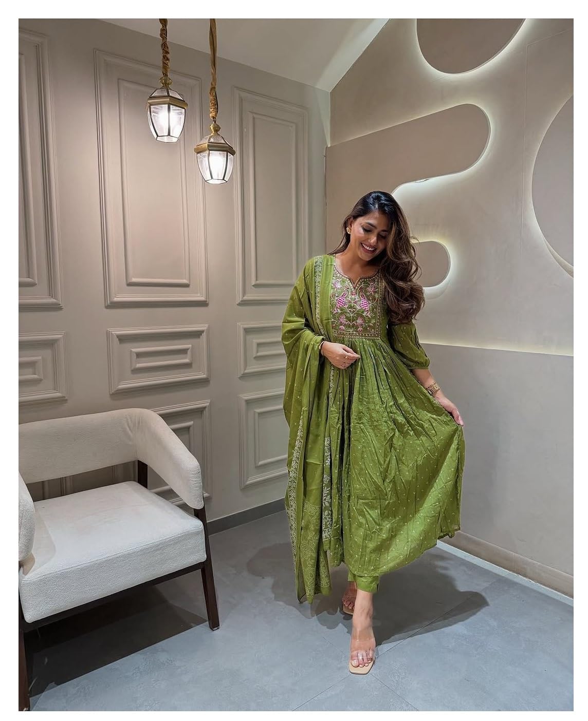 MILAAV Cotton Floral Embroidered V-Neck Straight Kurta Set with Dupatta