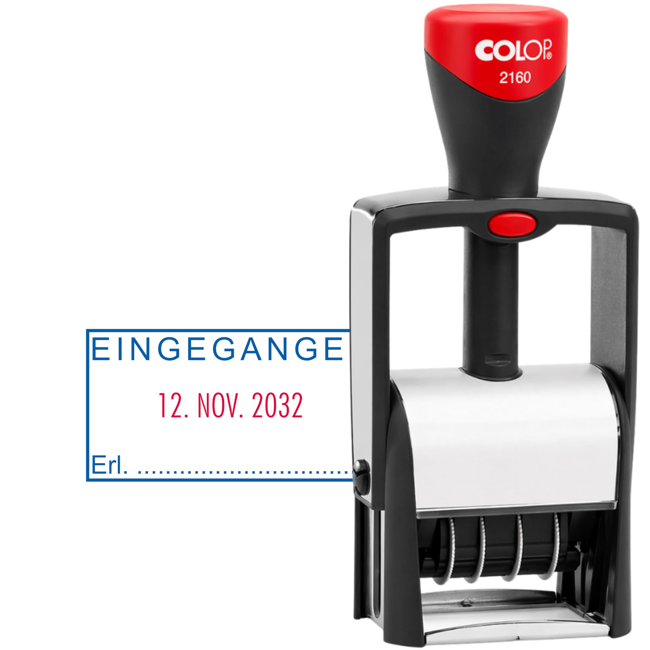 COLOP Timbro con data in arrivo, 40 x 23 mm, testo blu, data rossa, timbro per ufficio, amministrazione postale, stampa bicolore con data
