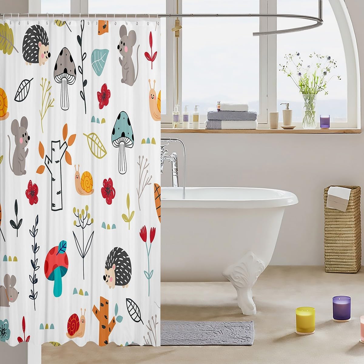 Homewish Cartoon Hedgehog Snail Shower Curtain Cute Mushroom Berry Trees Flowers Bathroom Curtain Kids Boys Girls Teens Room Decor Wild Animals Plants Waterproof Curtains Colorful Nature Bath Curtain image 4