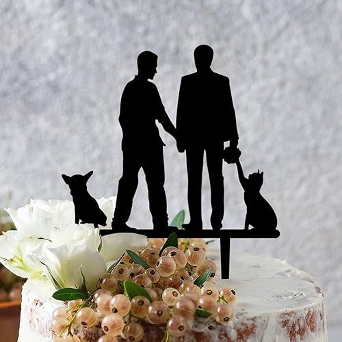 Miniatura 2 de Decoración para tartas gay con silueta de boda con gato esfinge y borde Collie, pareja del mismo sexo con perro, LGBT, acrílico rústico para tartas