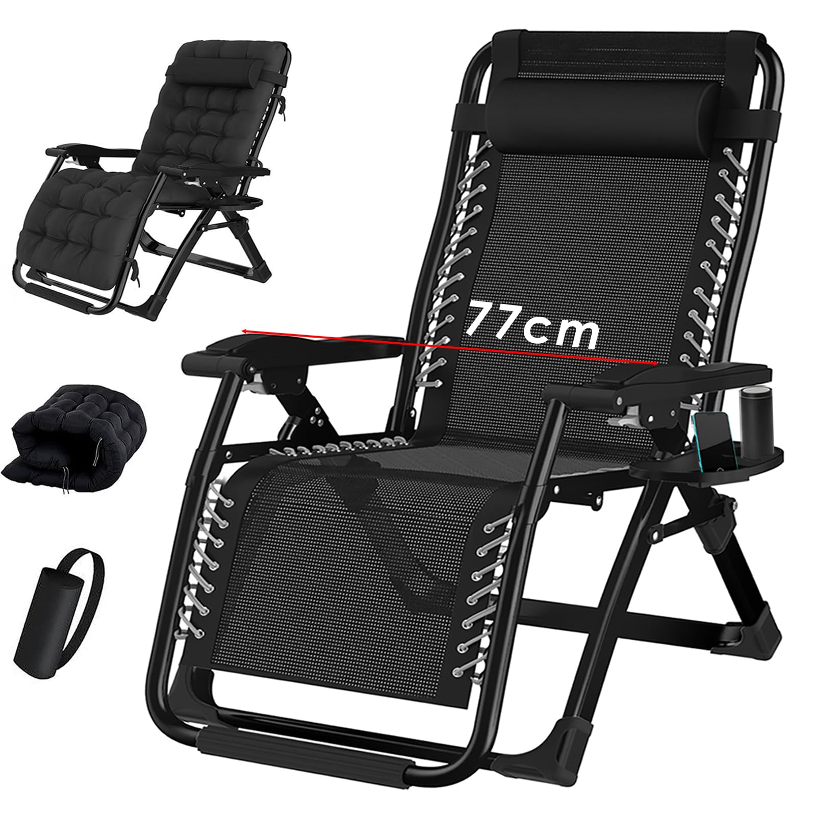 TYGYSDO Sedia da giardino pieghevole da campeggio, sedia da giardino per esterni, con schienale alto, regolabile, 200 kg (nero, 77 cm)