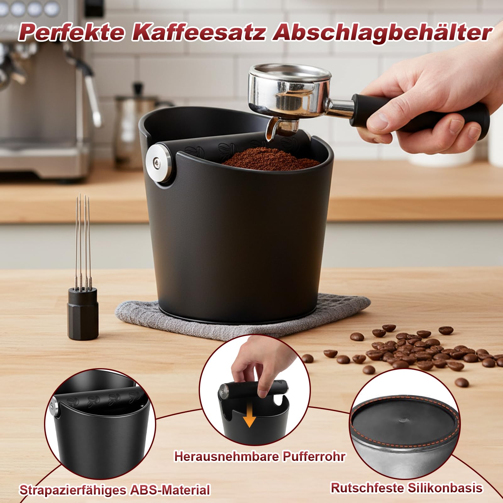 Abklopfbehälter für Siebträger Set, 6PCS Kaffeesatz Abschlagbehälter mit Tampermatte, Kaffeestampfer, Nadel, Reinigungsbürste, Tuch, Groß Knock Box mit Abnehmbarer Metall-Klopfstange Schwarz