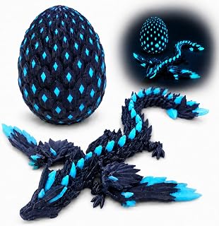 3D Printed Dragon Egg with Wings and Blue Glow in the Dark | Articulated poseable body, Fidget Toy