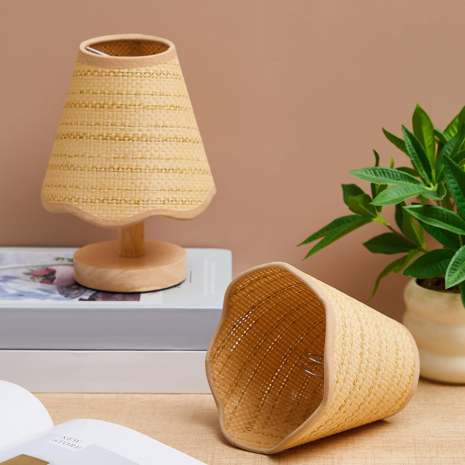Small Clip-on Chandelier Rattan Lamps Set Shade Scalloped Lampshade 3"top x 6"bottom x 5-1/4"slant Height Empire Lamp Shade Chandelier or Accent Lamp(Woven,Boho,4 Pcs)