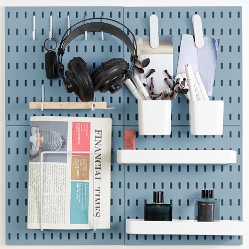 MULSAME Pegboard Combination Kit, Wall Mounted Storage Set with 4 Pegboards & 14 Accessories Hanging, Blue Peg Boards Organizer for Walls Display, Crafts Organization, Kitchen Organizer, 22" x 22" - Blue