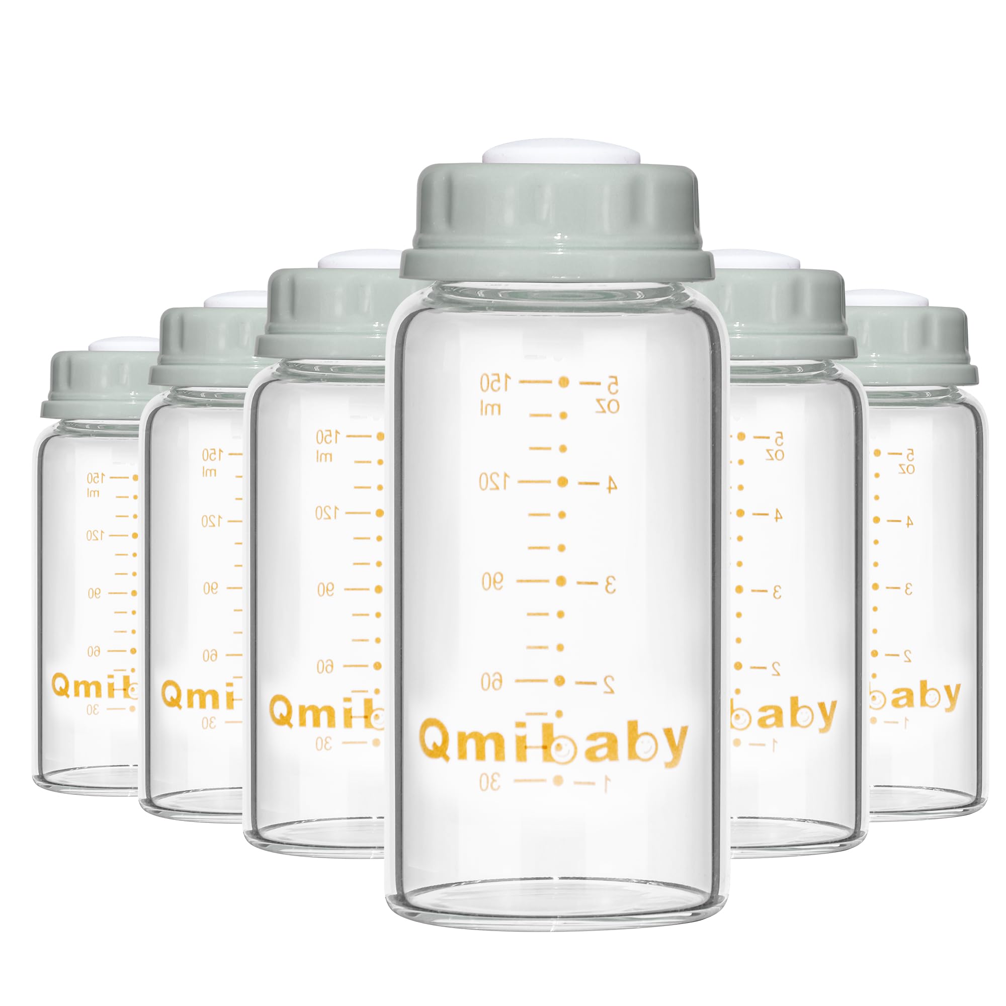Qmibaby Natural Glass Baby Bottle,Standard Neck Breastmilk Storage Bottle for Fridge,Breast Milk Container,Breast Pump Bottle Compatible with Medela Breast Pump,BPA Free,6PCS (5oz,6 Gray Lids)