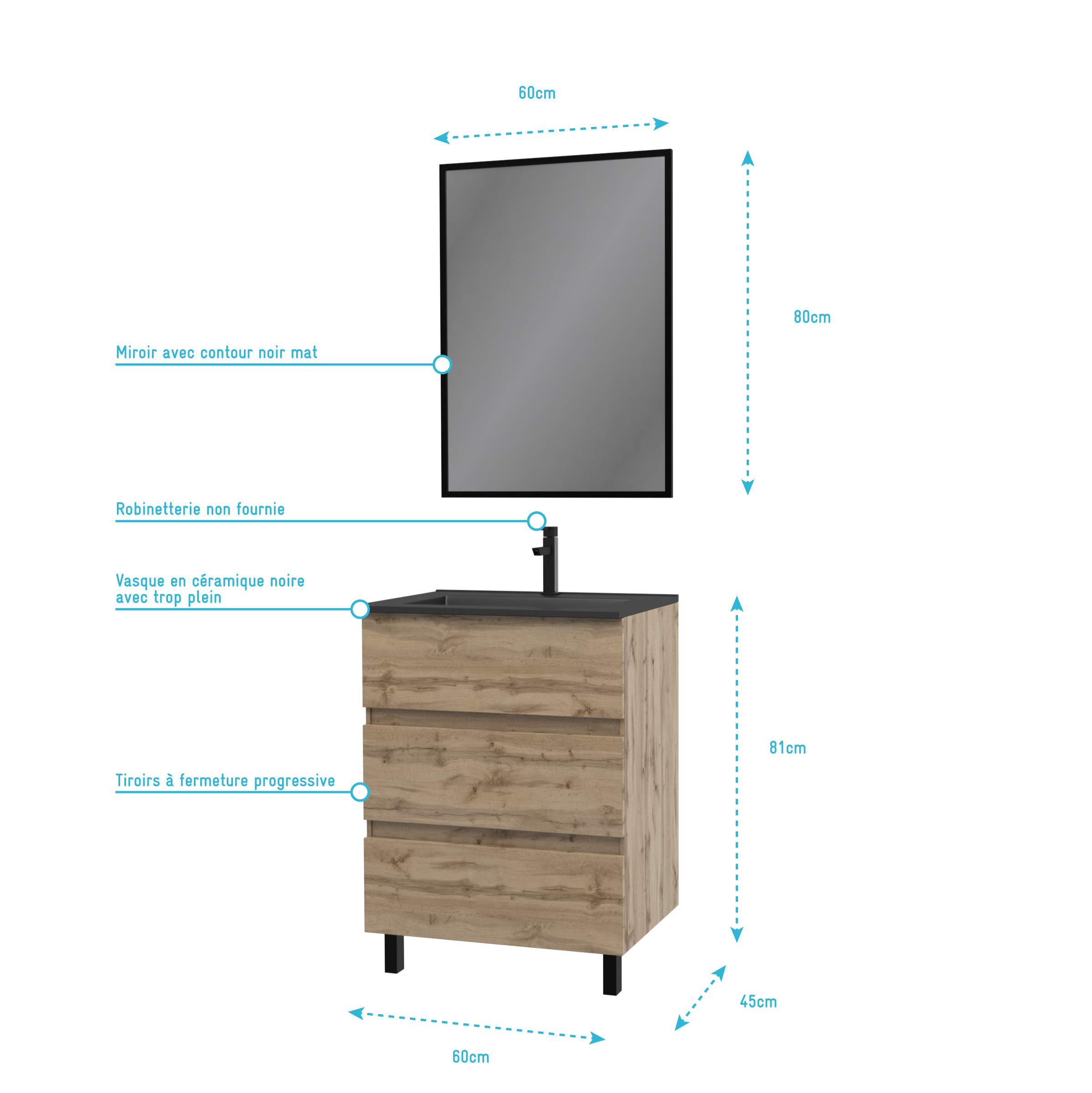 Aurlane Timber meuble lavabo à poser 60cm 3 tiroirs chêne