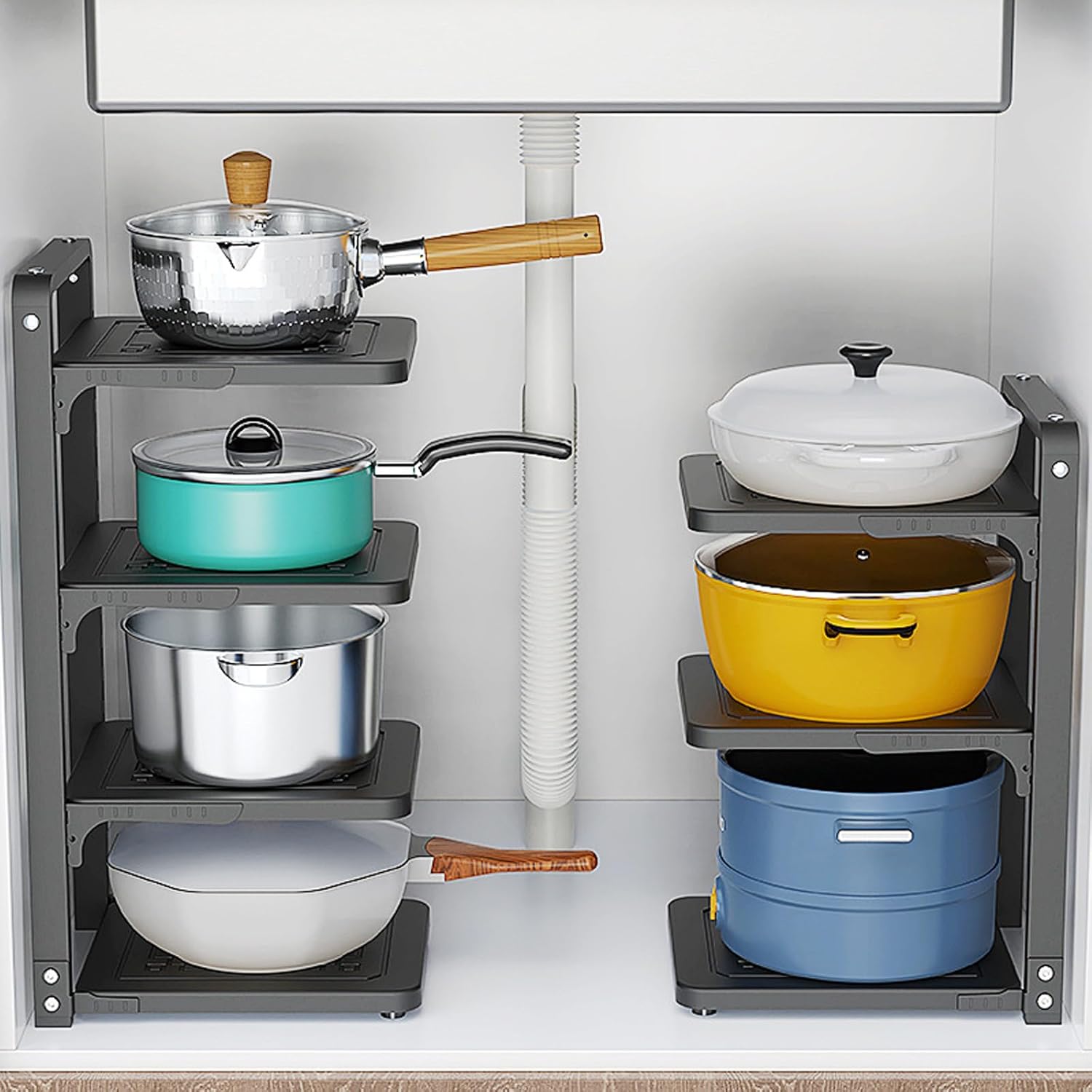 Dxcaicc Pots and Pans Organizer Rack, Kitchen Cookware Storage, Height and Position are Adjustable for Kitchen Cabinet Organizers and Storage,3 Layer