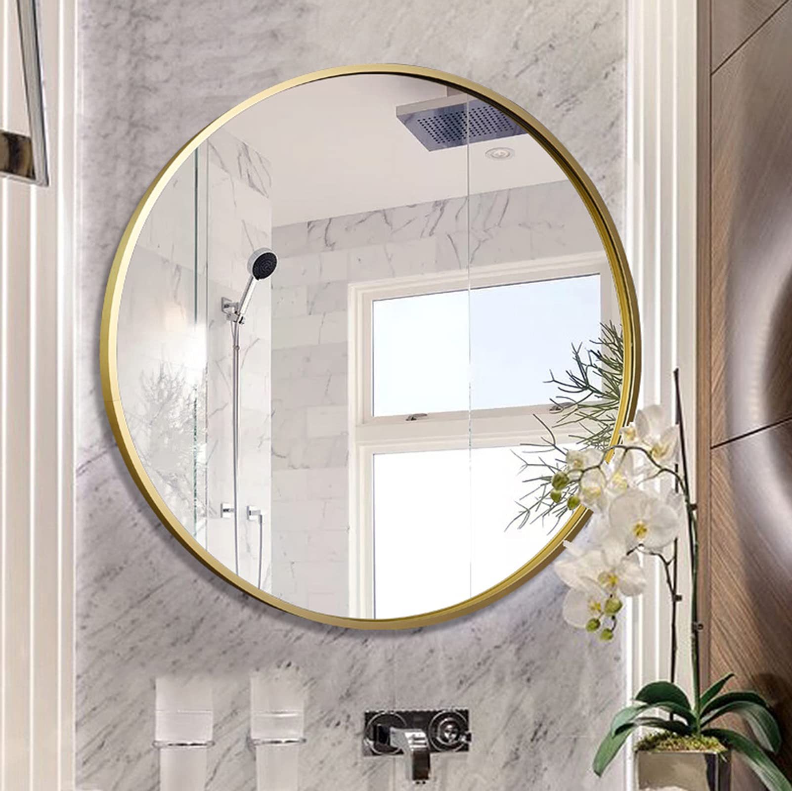 Specchio da Parete Rotondo Classico con Cornice in Lega di Alluminio, Specchio Moderno sospeso per Il Bagno sul lavandino e sul muroMetallic,50cm