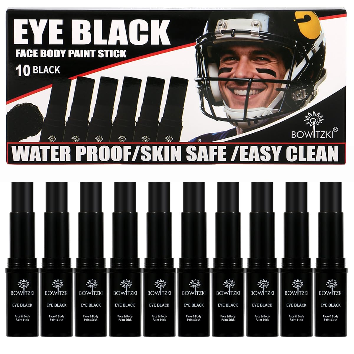 Bowitzki Face Paint Stick 10 Pieces Eye Black Set Softball Football Baseball Sports , Non-Toxic Hypoallergenic for Halloween SFX Makeup Cosplay Joker Costume Parties Cream-Blendable