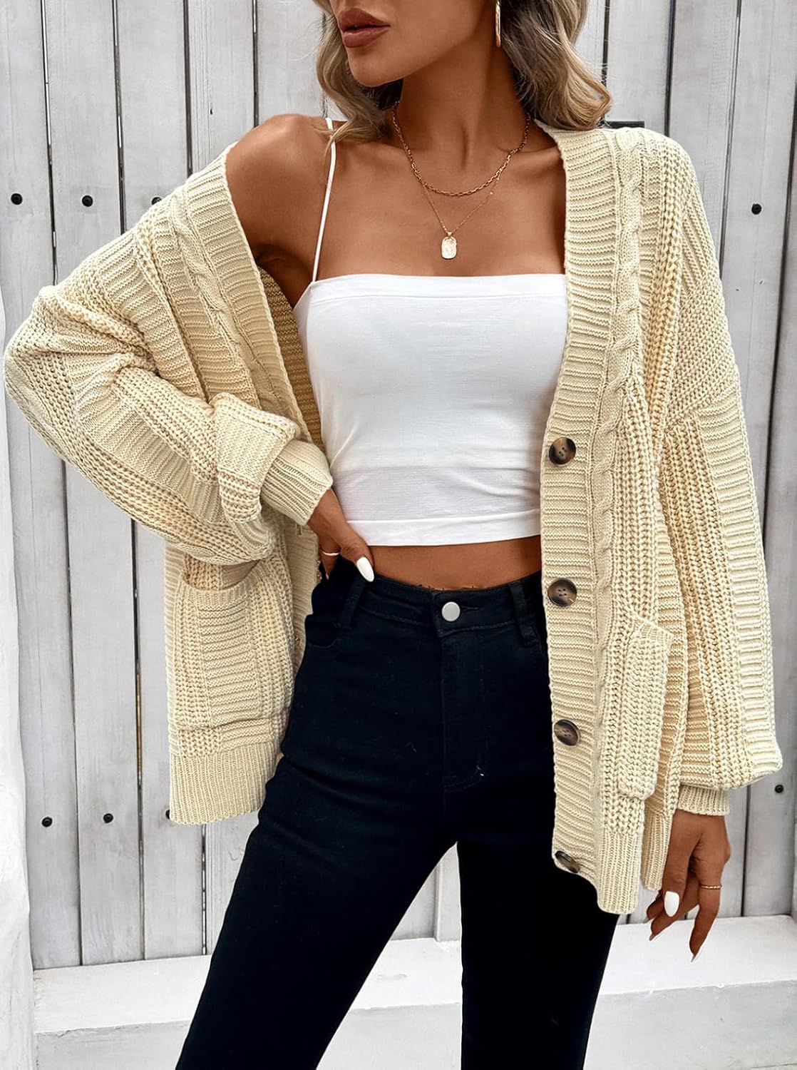 Pink Queen Fall Winter Long Sleeve Open Front Cable Knit Cardigan Oversized Loose Stripe Vintage Button Up Sweater Coat Apricot XL - Image 2