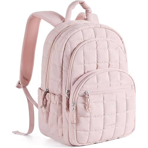 BAGSMART College Laptop Backpack, Travel Backpack for Women, Quilted Casual Daypack, Water-Resistant Bookbag for 15.6 Inch Laptop, Pink