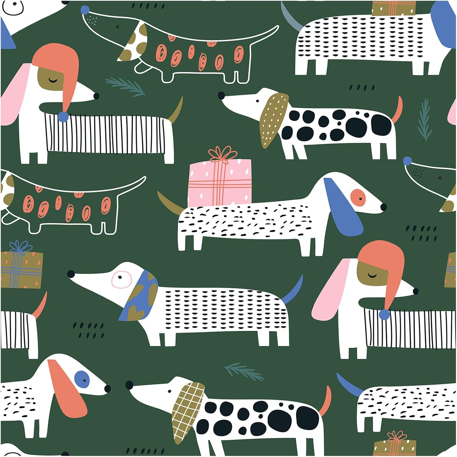 HAOKHOME Dog Peel and Stick Wallpaper Kids Nursery Wall Paper Cartoon Cute Dachshund for Playroom Bedroom Accent Wall Contact Paper Green/White 17.3in x 9.8ft