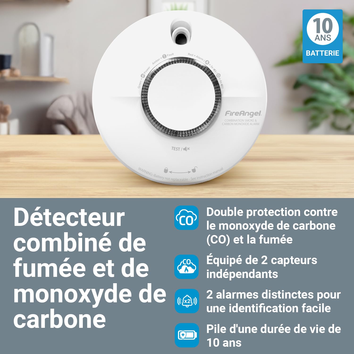 FireAngel SCB10-INT Détecteur Combiné de Fumée et de Monoxyde de Carbone, Détecteurs de Fumée et de CO Combinés pour la Maison, Durée de Vie de 10 Ans