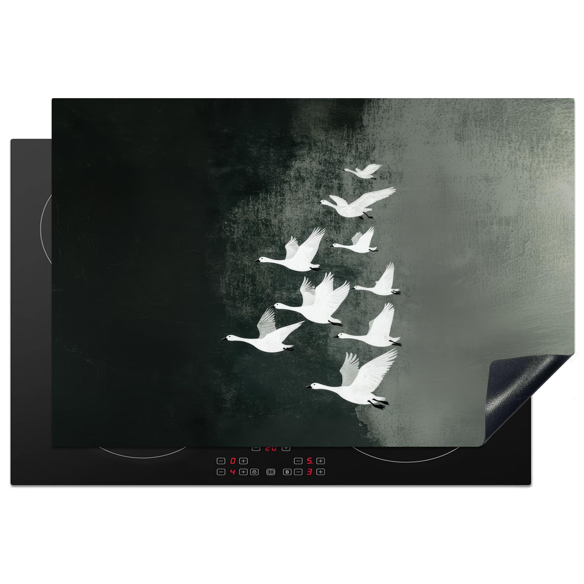 KitchenYeah© Induction Hob Protector Mat 20.5"x30.7" / 78x52 cm Cooker Top Protectors Cover Ceramic Covers Electric Hobs Vinyl Bird - Japandi - Green