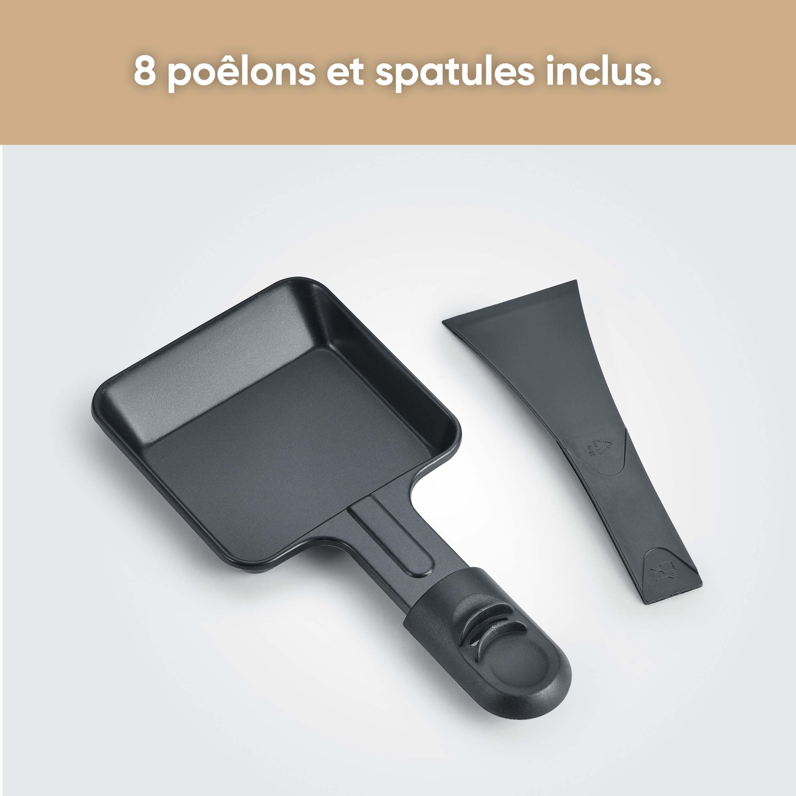 SEVERIN Appareil à Fondue et Raclette pour 8 personnes, Appareil à raclette 2 en 1 avec Plaque de cuisson et Service à fondue, Inclus 8 poêlons, spatules et fourchettes à fondue, Noir, RG 2347