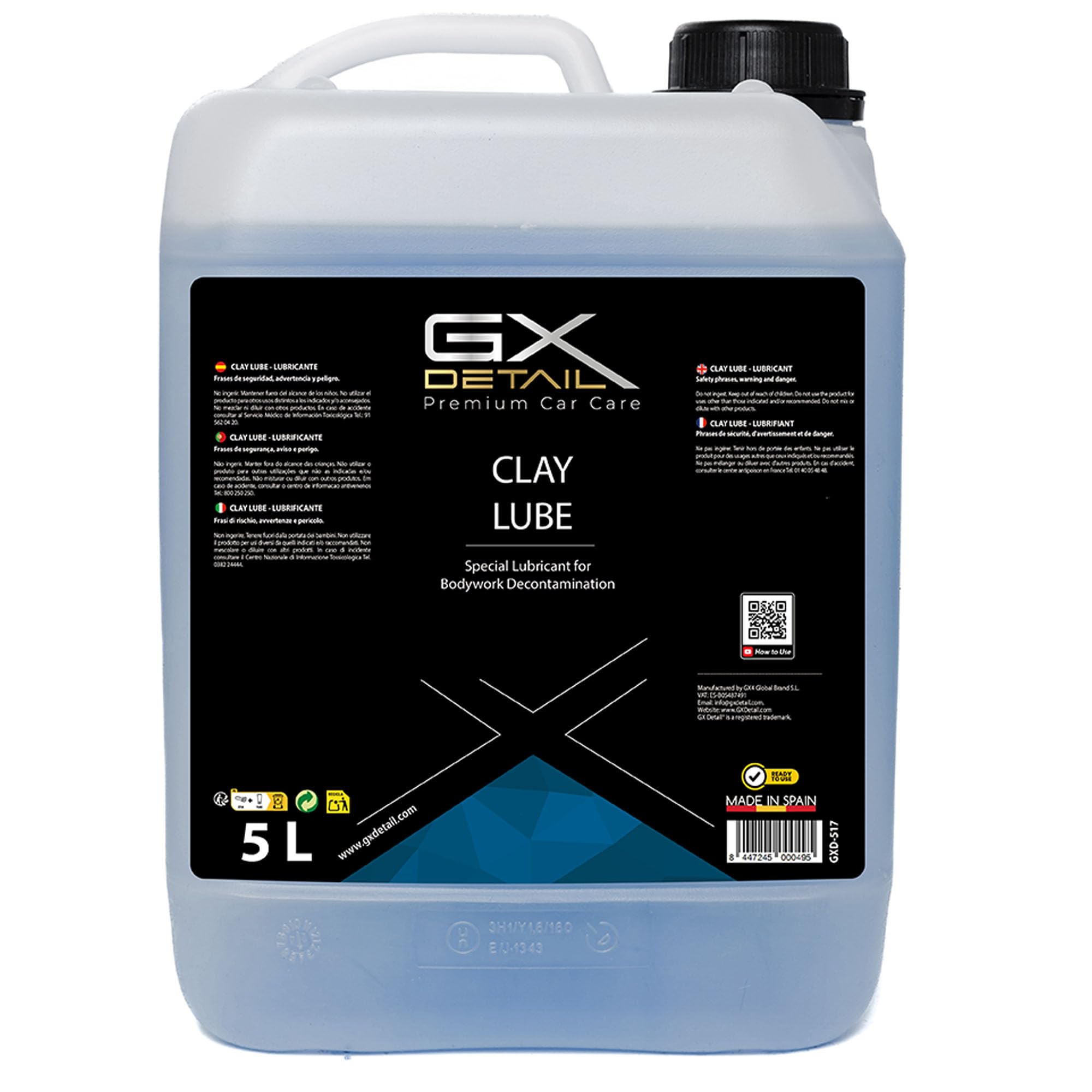 GxDetail Clay Lube Descontaminante para Carrocería 5 Litros – Lubricante Profesional para Uso con Clay Bar – Facilita la Eliminación de Contaminantes sin Arañazos – Acabado Suave y Brillante.