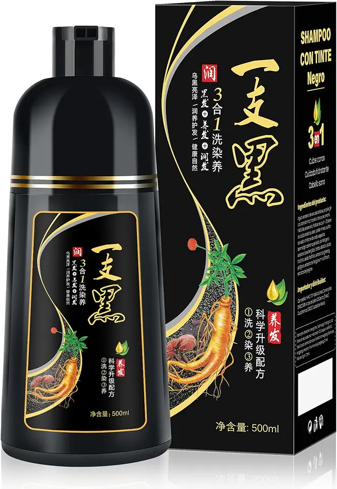500ml Shampoo de Tintura 3 em 1 Preto Natural, Ingredientes a base de ervas para mulheres e homens, Tintura em minutos/semi-permanente