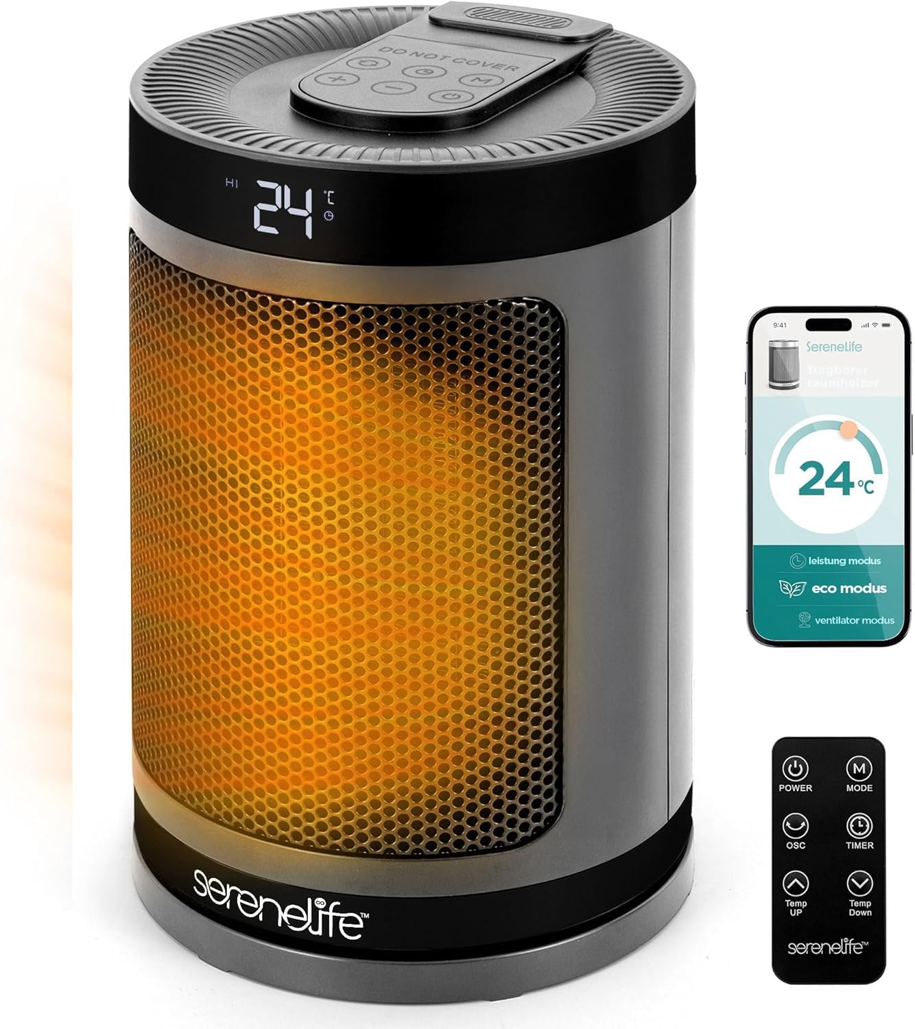 SereneLife Heizlüfter 1500W PTC Keramik, Leise & Energiesparend, WiFi Thermostat mit Fernbedienung, 70° Oszillation