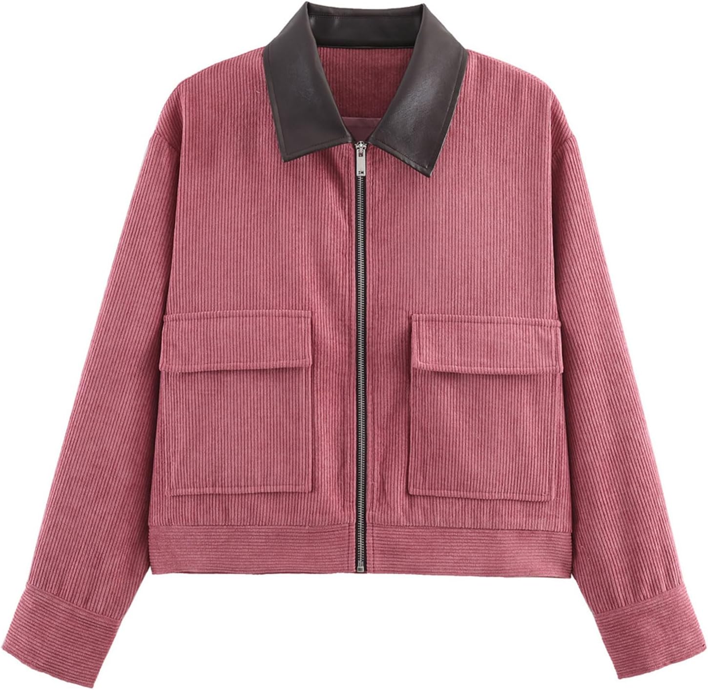 Womens Cropped Corduroy Jackets Causal Contrast Collar Zip Up Long Sleeve Work Out Jackets with Pockets Green Small
