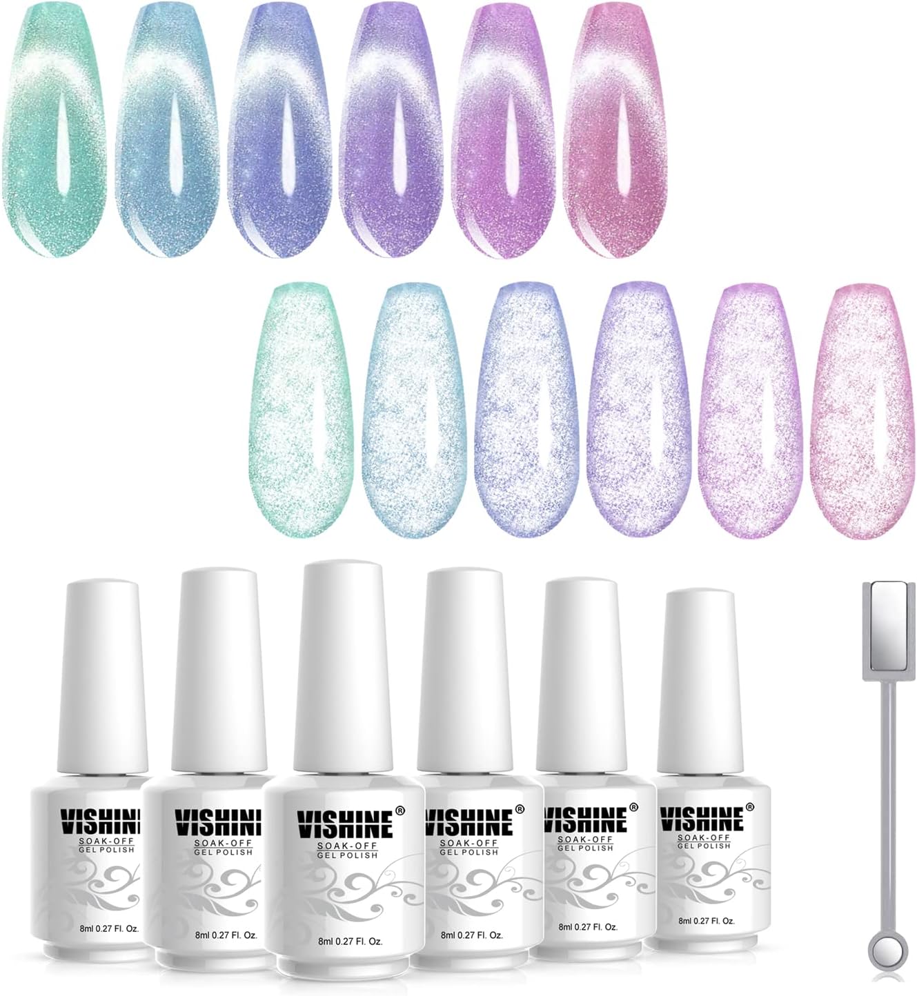Vishine Lot de 6 Vernis Semipermanent Magnétique, Holographique Pailleté Cat Eye Vernis Gel UV