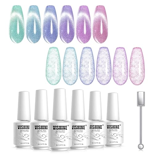 Vishine Juego de esmalte de uñas de gel holográfico con purpurina de ojo de gato galaxia, efecto de cielo estrellado, luz LED UV, kit de esmalte de