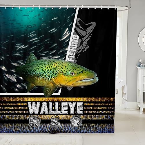 Cortina de ducha con diseño de lubina, 72 pulgadas de ancho x 78 pulgadas de largo, cortina de baño con temática de caza y pesca para niños, hombres