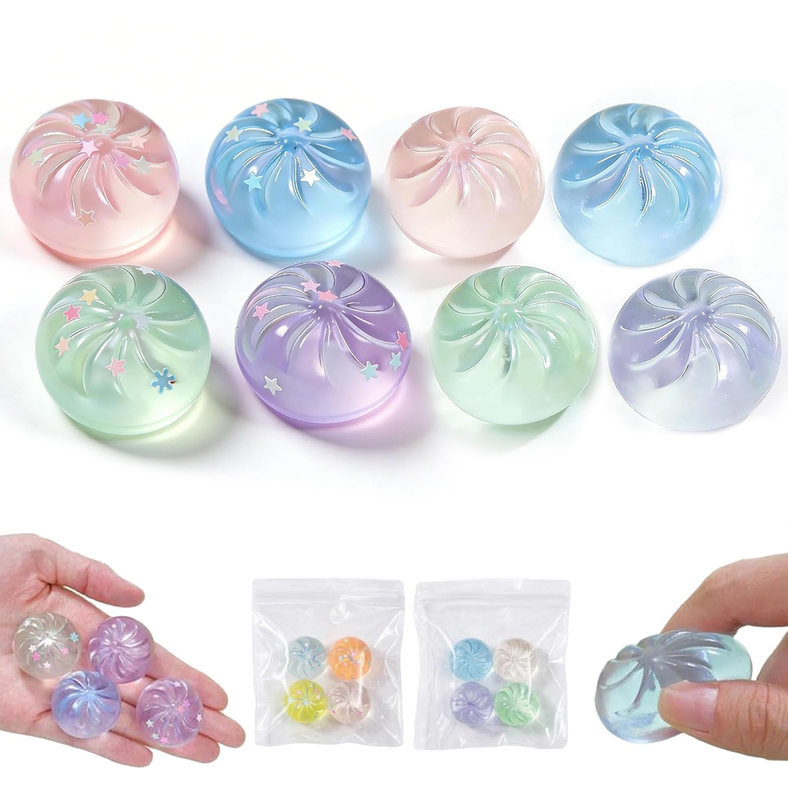 8PCS Clear Glitter Steamed Bun Squishy, Mini Pocket Glitter Dumpling Stress Ball, Colorful Dumpling Stress Balls, Dumplings Fidget Sensory Toy, Stress Relief Fidget Balls for Adults, Kids