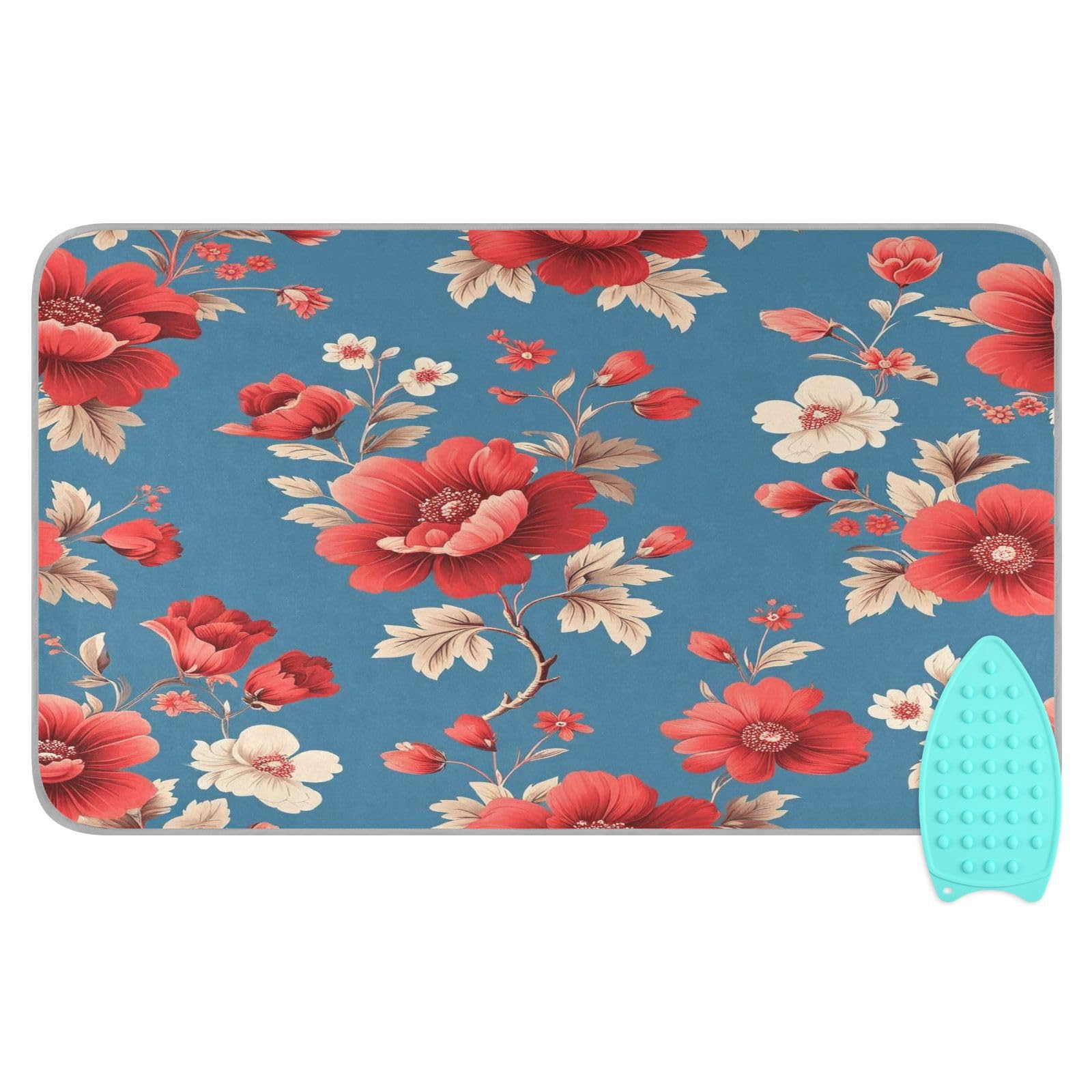 Bulletgxll Vintage Red Floral Ironing Mat Portable Travel Ironing Pad Heat Resistant Ironing Blanket for Washer, Dryer, Table Top, Countertop, Ironing Board (27.6 x 47.2 Inches)