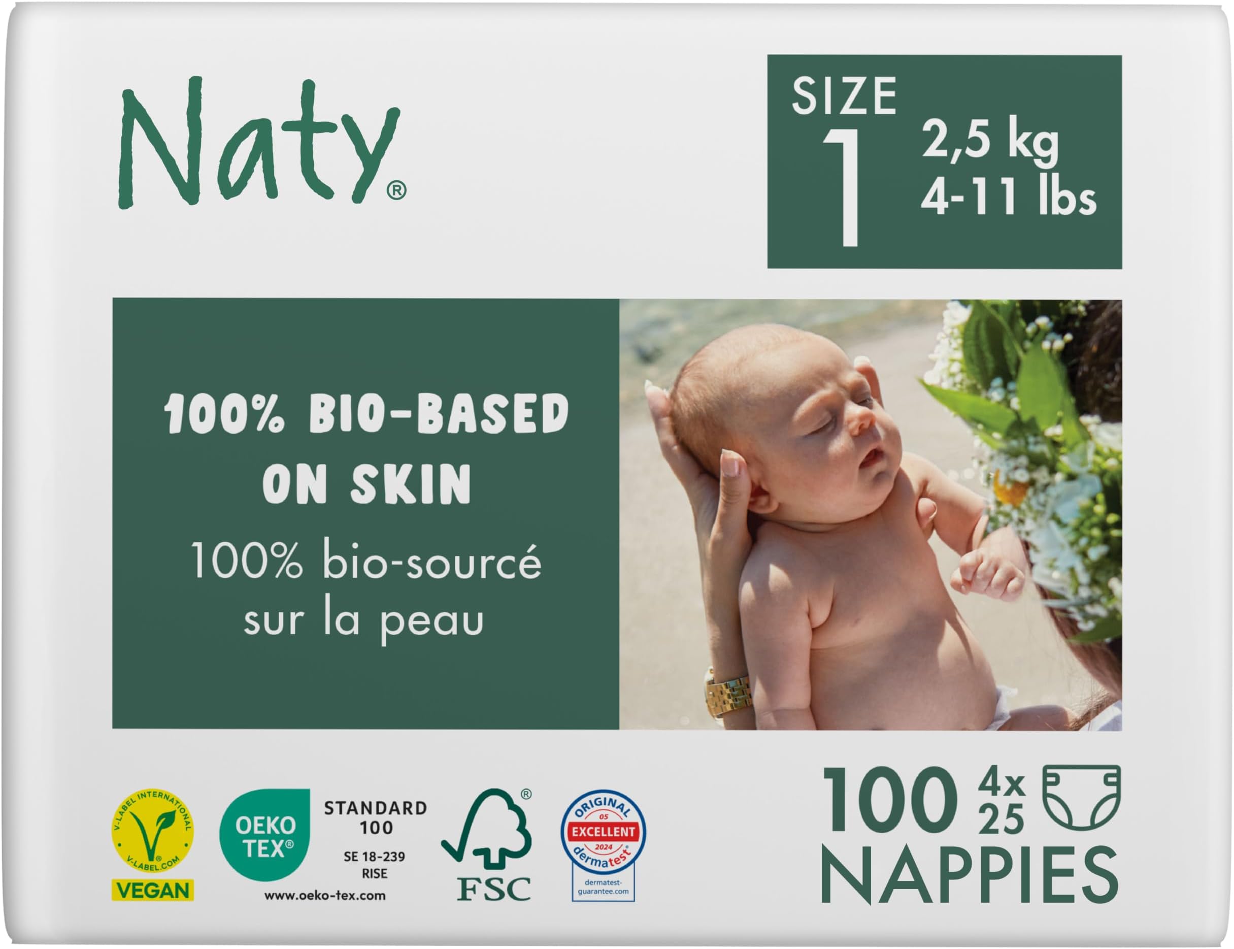Baby Newborn Nappies for Sensitive Skin Size 1 (2-5 kg), 100 Count