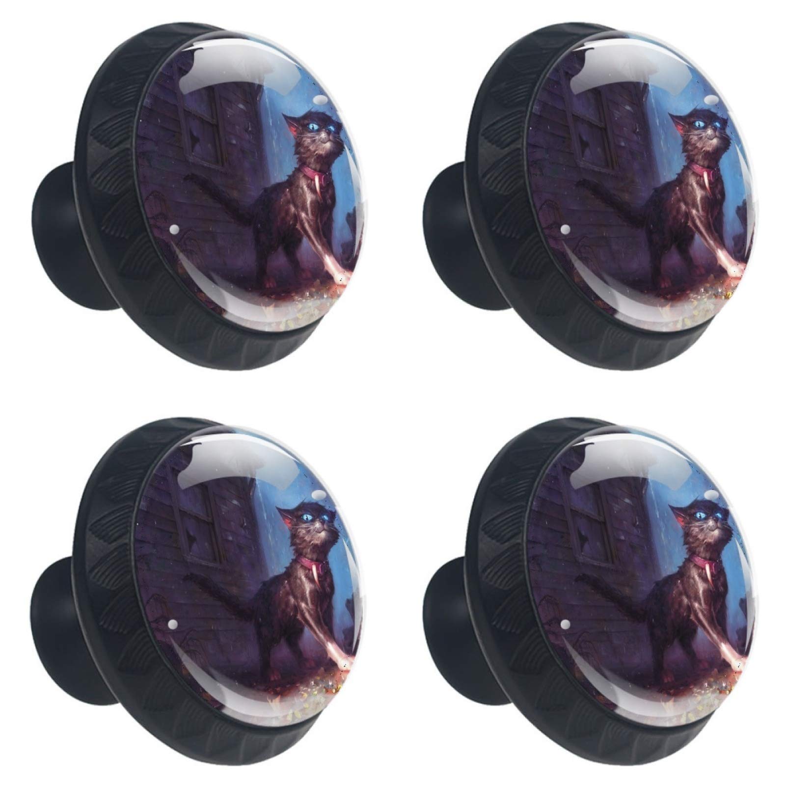 Boutons de meuble ronds en verre chat effrayant 30 mm lot de 4 pour placard et tiroir
