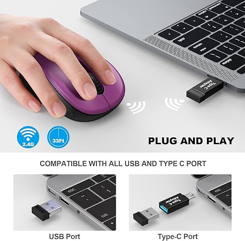 Miniatura 2 de WisFox Mouse inalámbrico de 2.4G para portátil, mouse ergonómico con receptor USB y 3 niveles ajustables, mouse inalámbrico de 6 botones para